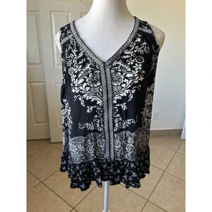 Billa Size Small Black/White Flowy Boho Top Blouse Sleeveless V-Neck Lightweight